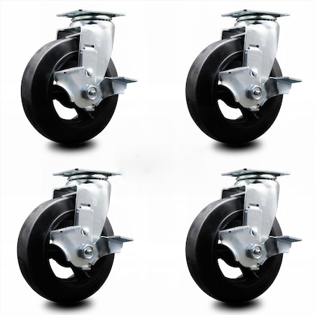 Service Caster 6 Inch Rubber on Cast Iron Swivel Caster Set with Ball Bearings and Brakes SCC-20S620-RSB-TLB-4